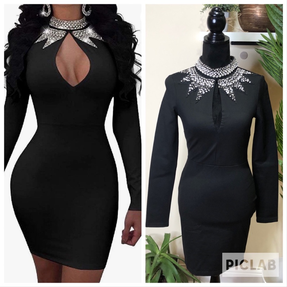 A’gaci Rhinestone Embellished Bodycon Slim Fitted Mini Little Black Dress Medium